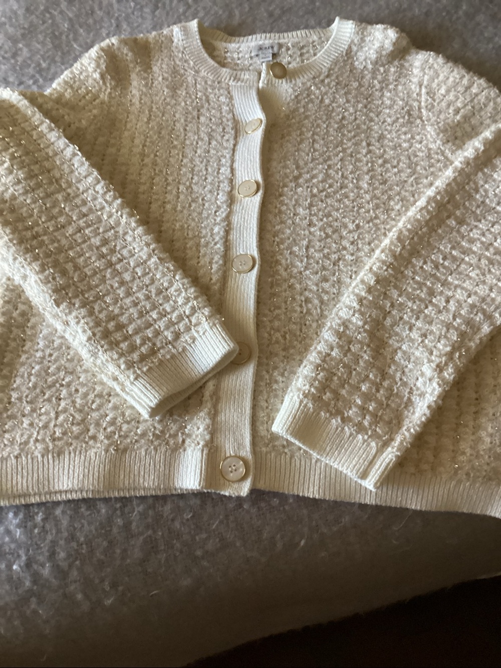 JCrew Lady Cardigan White Knit with Gold Threads